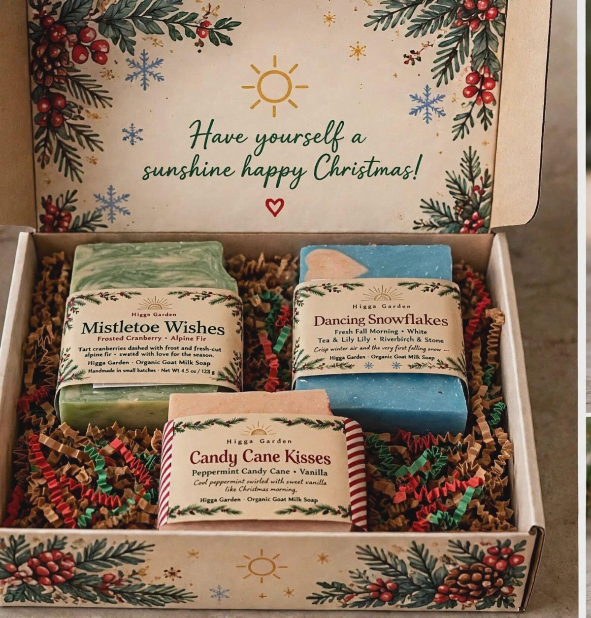 Christmas Goat Milk Soap Gift Set with Candy Cane Peppermint, Cranberry Fir, and Winter Snowflake soaps